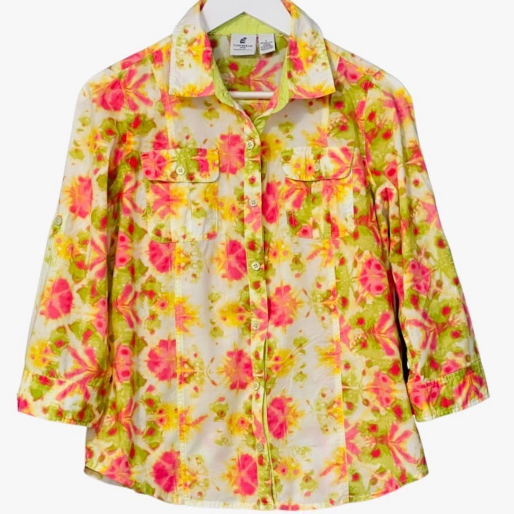 Bright Tropical Hawaiian Floral 3/4 Sleeve Button Down By Caribbean Joe